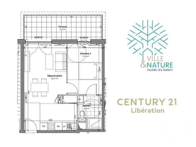 Appartement F2 à vendre - 2 pièces - 42.34 m2 - VILLERS LES NANCY - 54 - LORRAINE - Century 21 Libération